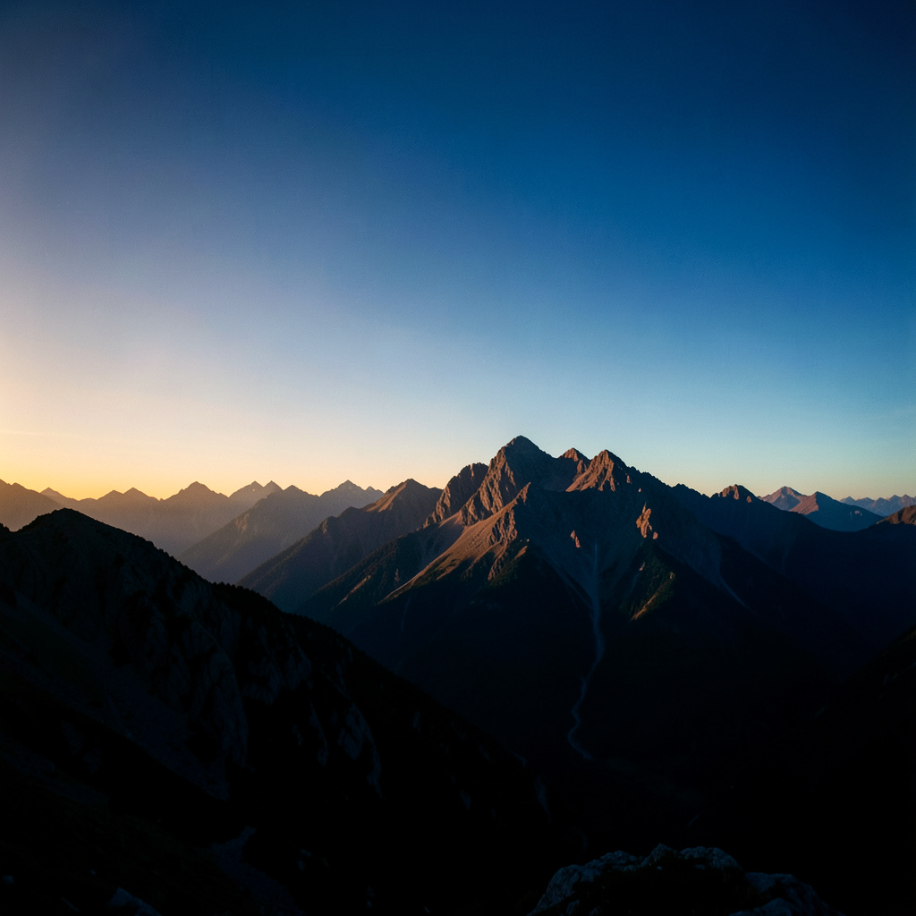 Amanecer sobre una montaña con tonos dorados y azules profundos, cielo despejado que transmite esperanza y nuevos comienzos.